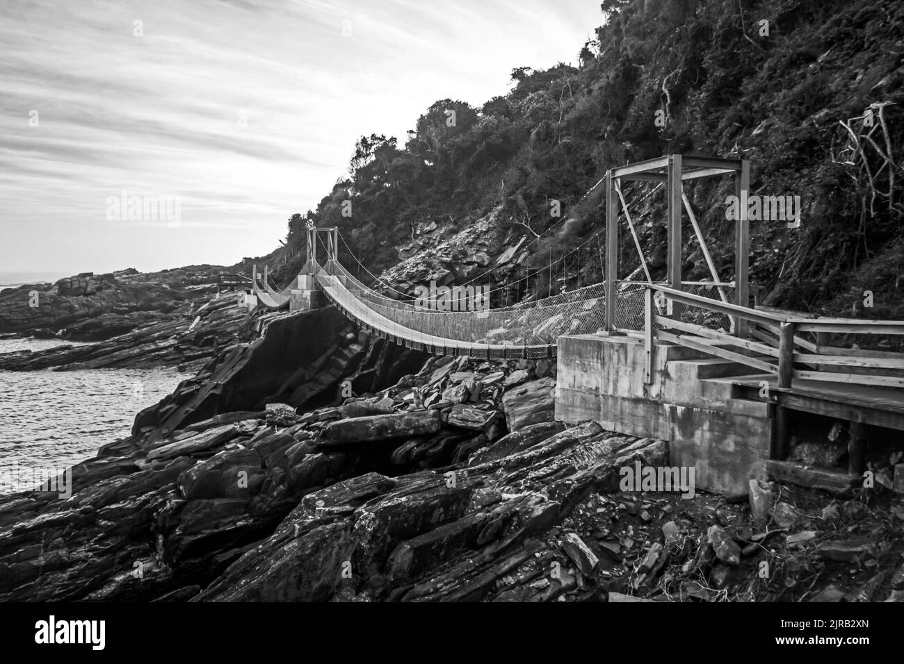 A walkway off suspension bridges, following the tall jagged cliffs along the Tsitsikamma coastline of South Africa, in black and white. Stock Photo