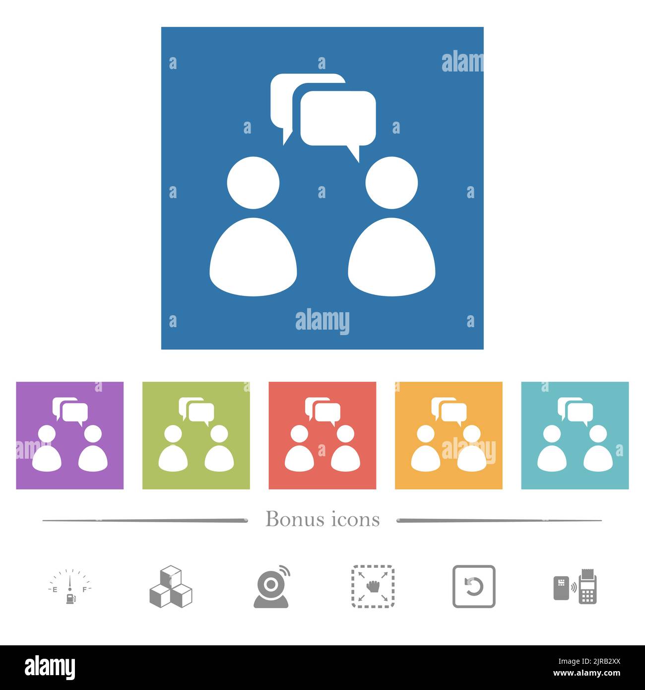 Two talking persons with rounded square bubbles solid flat white icons ...