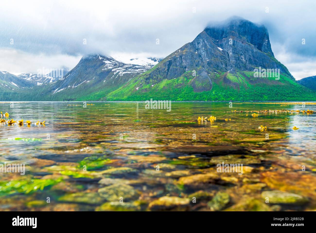 Norway, Troms og Finnmark, Scenic coastline of Bergsfjorden Stock Photo