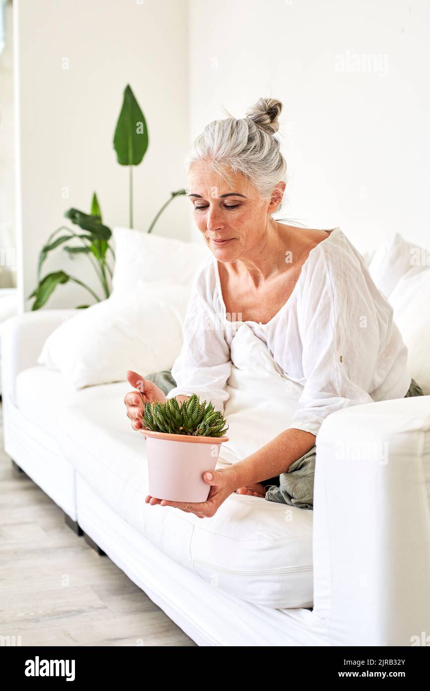 Mature woman holding potted plant sitting in living room Stock Photo ...