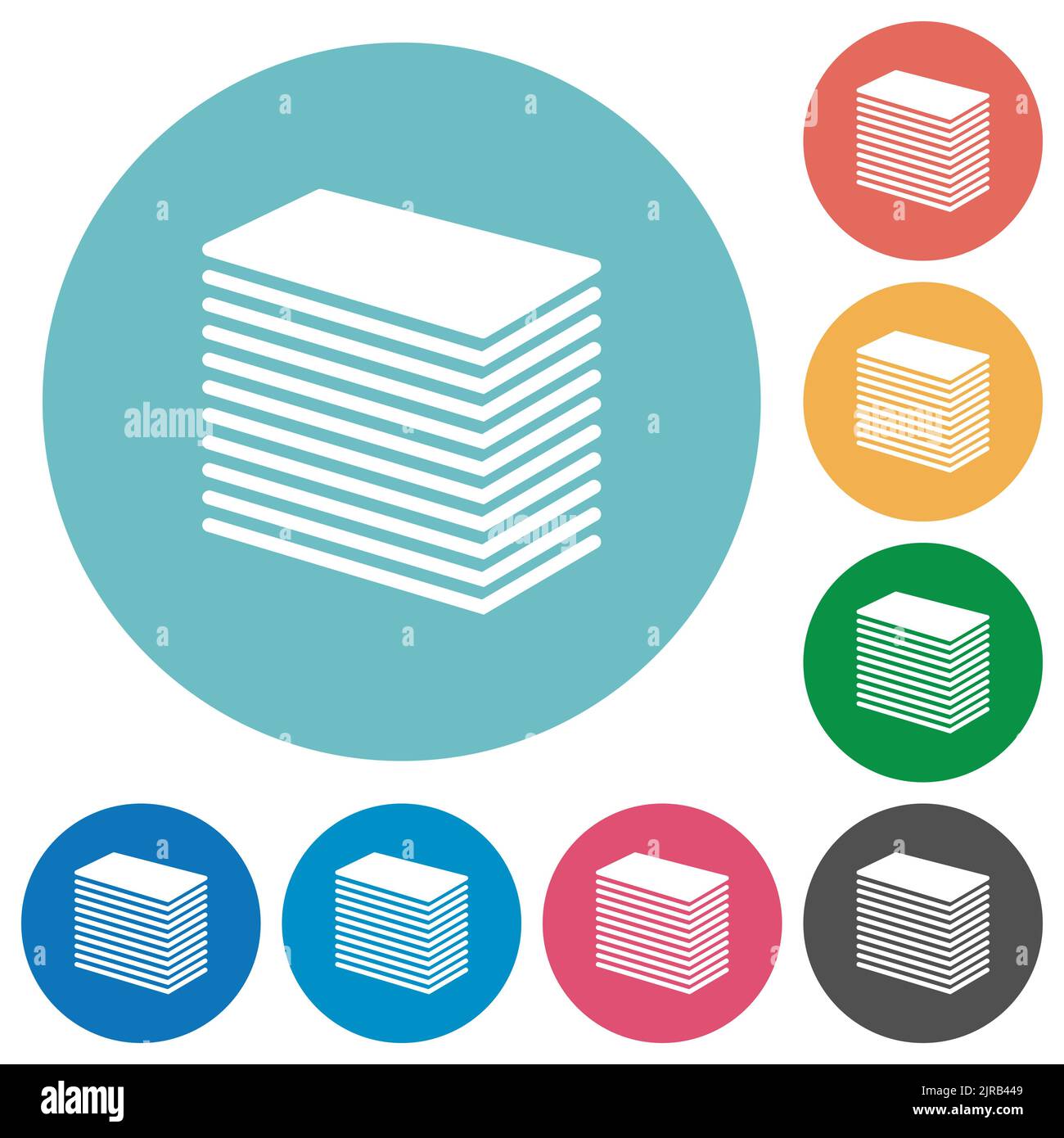 Paper stack solid flat white icons on round color backgrounds Stock Vector