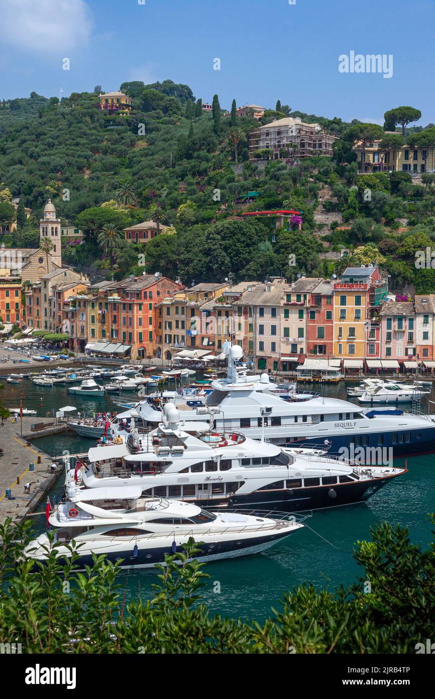 Boats moored in the tiny harbor town of Portofino, Liguria, Italy Stock Photo