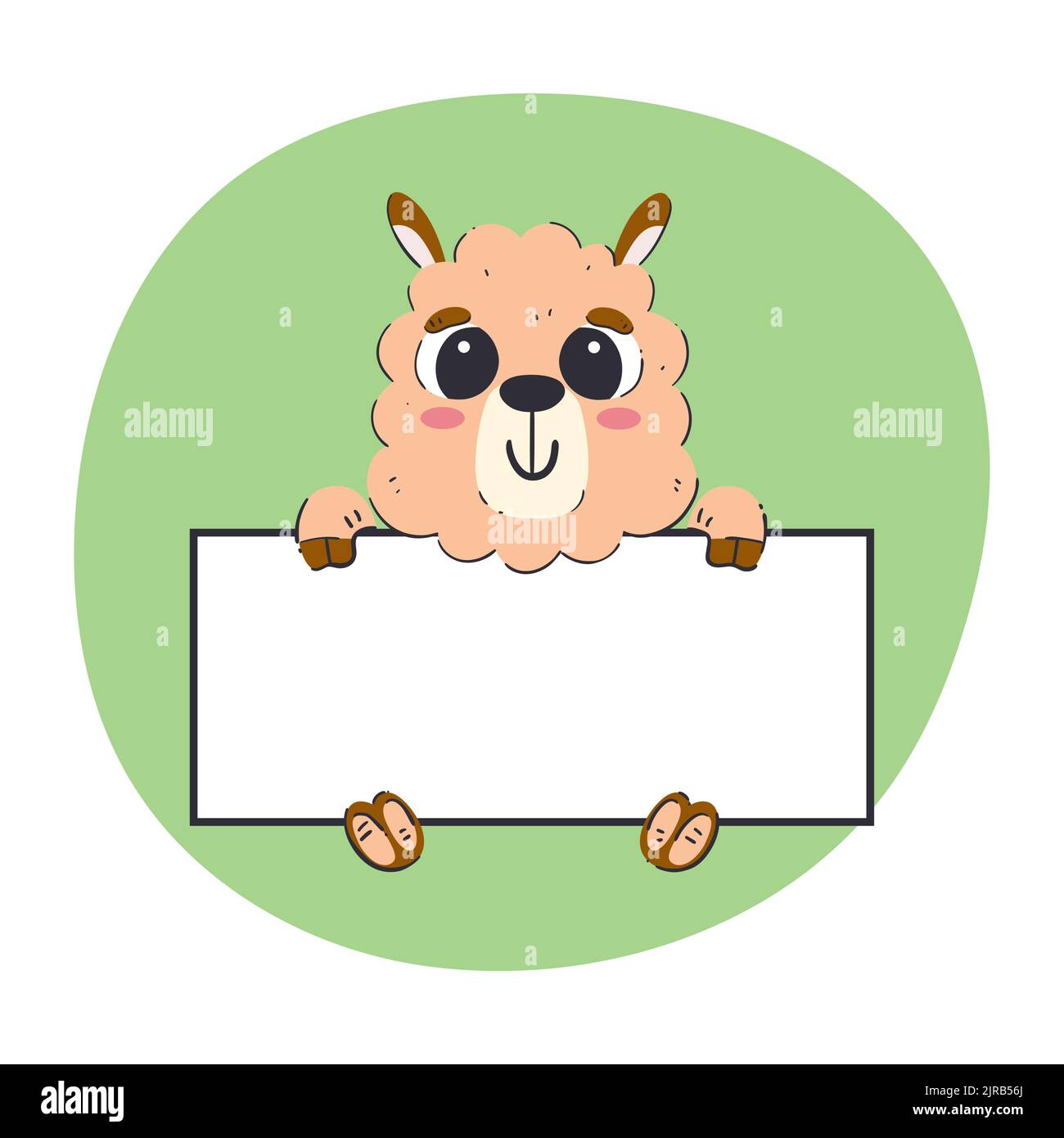 Llama holding a white banner. Cute hand-drawn vector illustration with green background. Editable card template. Stock Vector