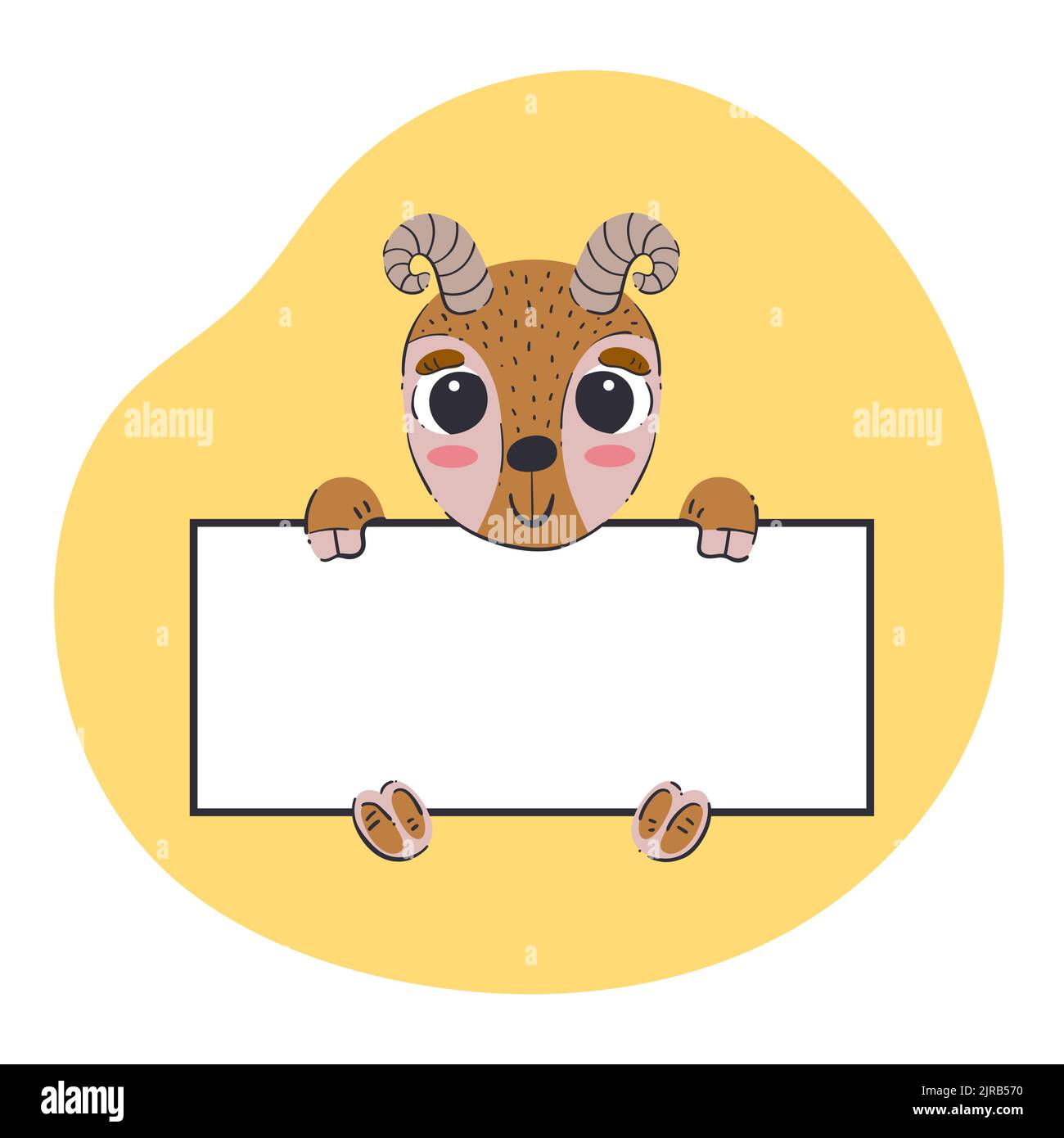 Goat holding a white banner. Cute hand-drawn vector illustration with yellow background. Editable card template. Stock Vector