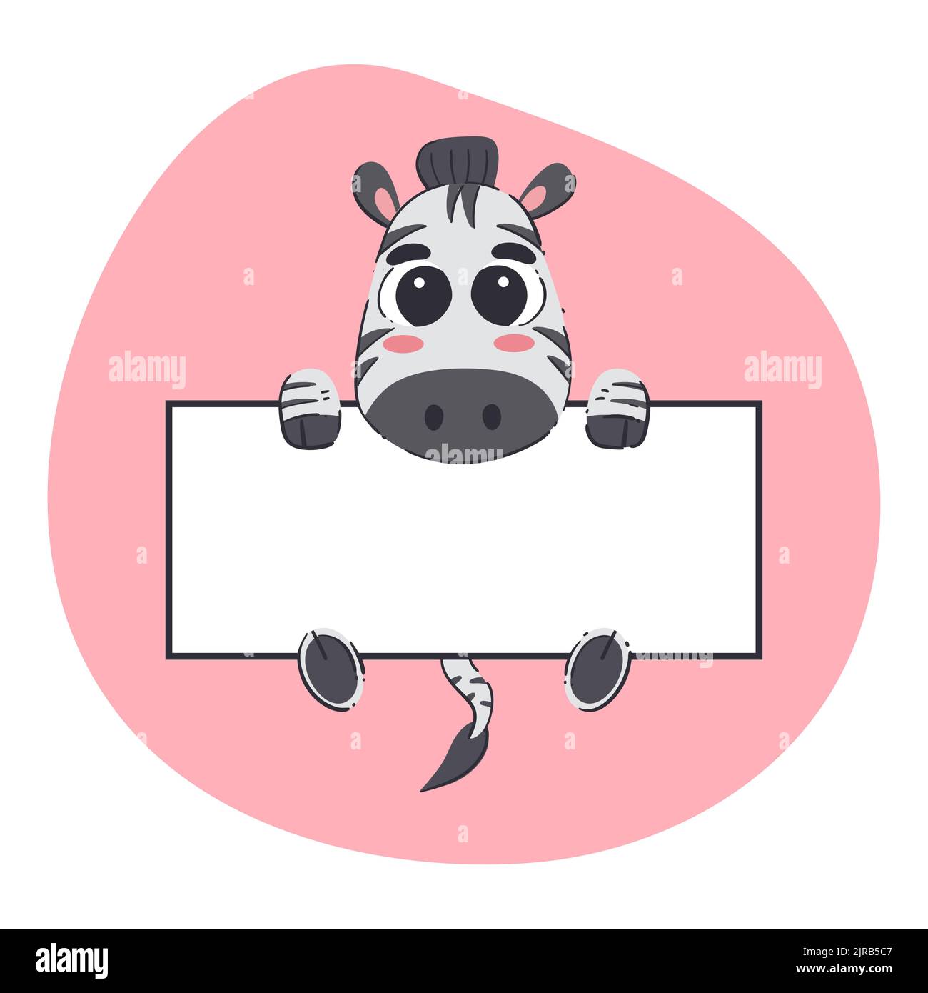 Zebra holding a white banner. Cute hand-drawn vector illustration with pink background. Editable card template. Stock Vector
