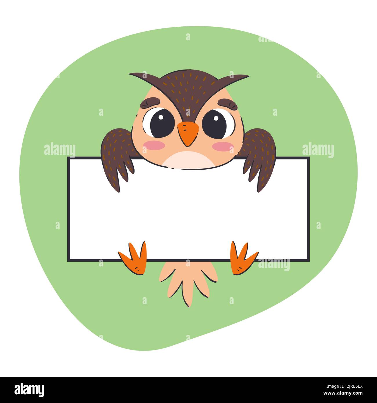 Owl holding a white banner. Cute hand-drawn vector illustration with green background. Editable ...