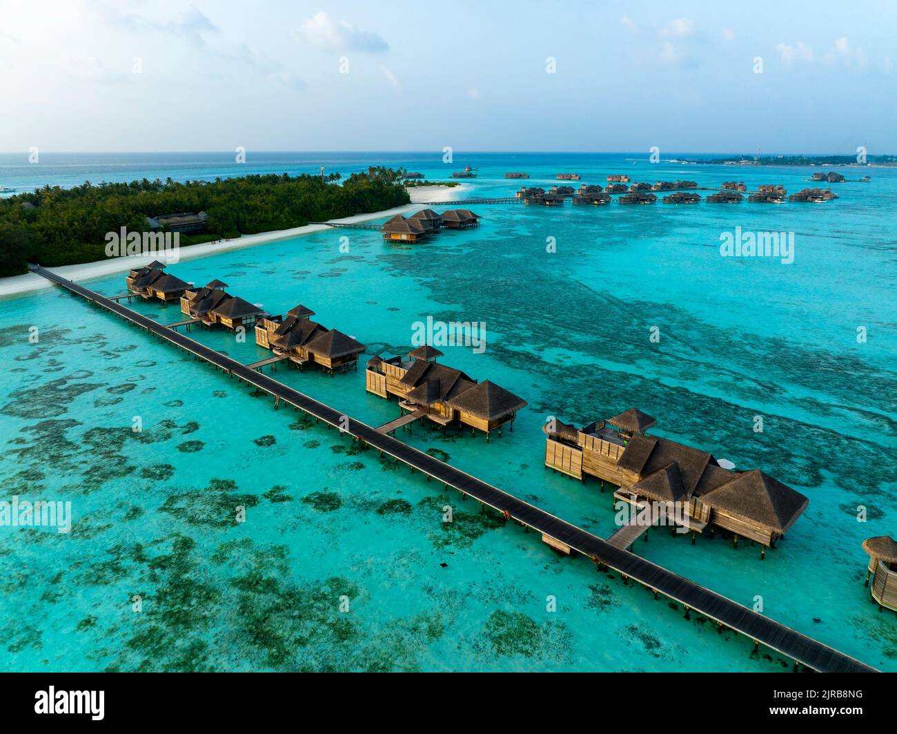 Maldives, North Male Atoll, Lankanfushi, Aerial view of bungalows of