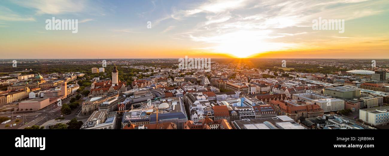 Germany, Saxony, Leipzig, Panoramic view of city center at sunset Stock Photo