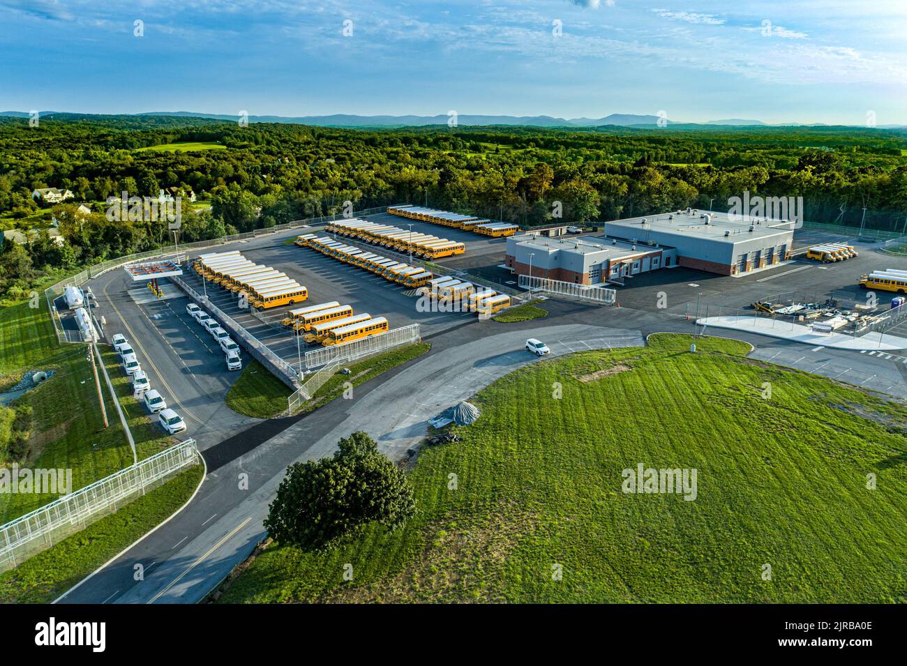 Aerial view of a typical school district bus garage Stock Photo - Alamy