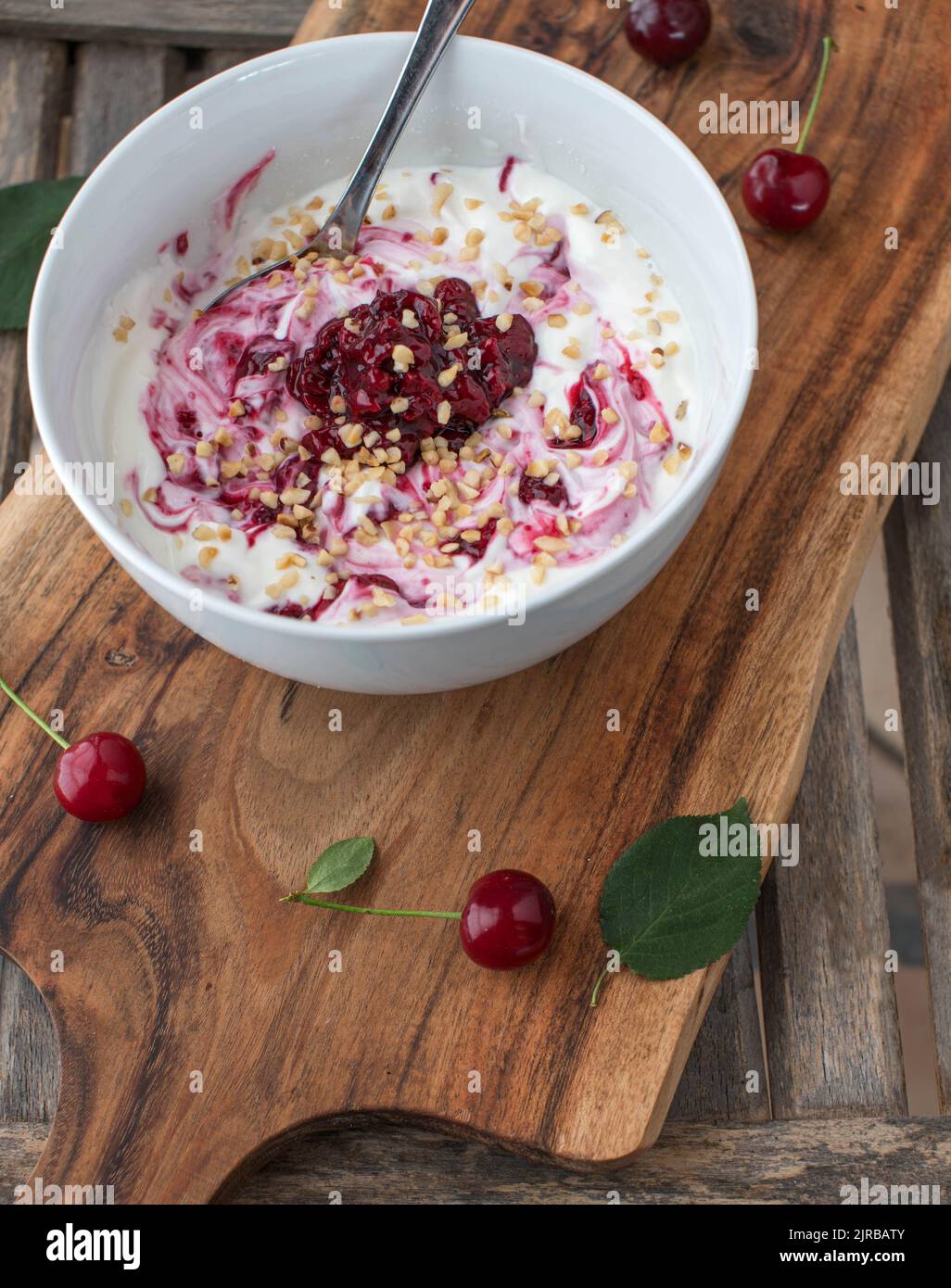 Low carb breakfast bowl with greek yogurt, sour cherry compote and