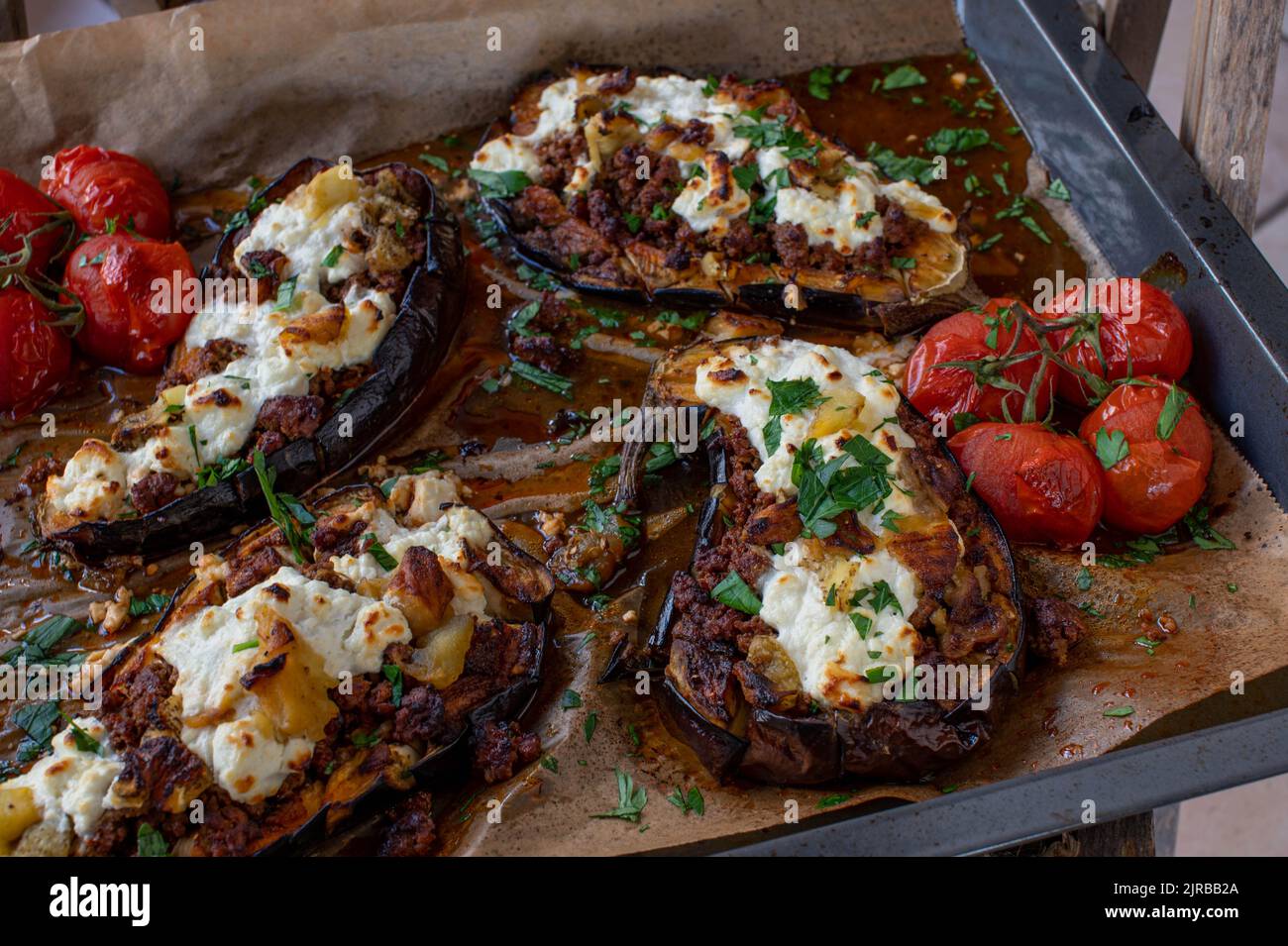 Stuffed aubergines with ground beef and feta cheese Stock Photo