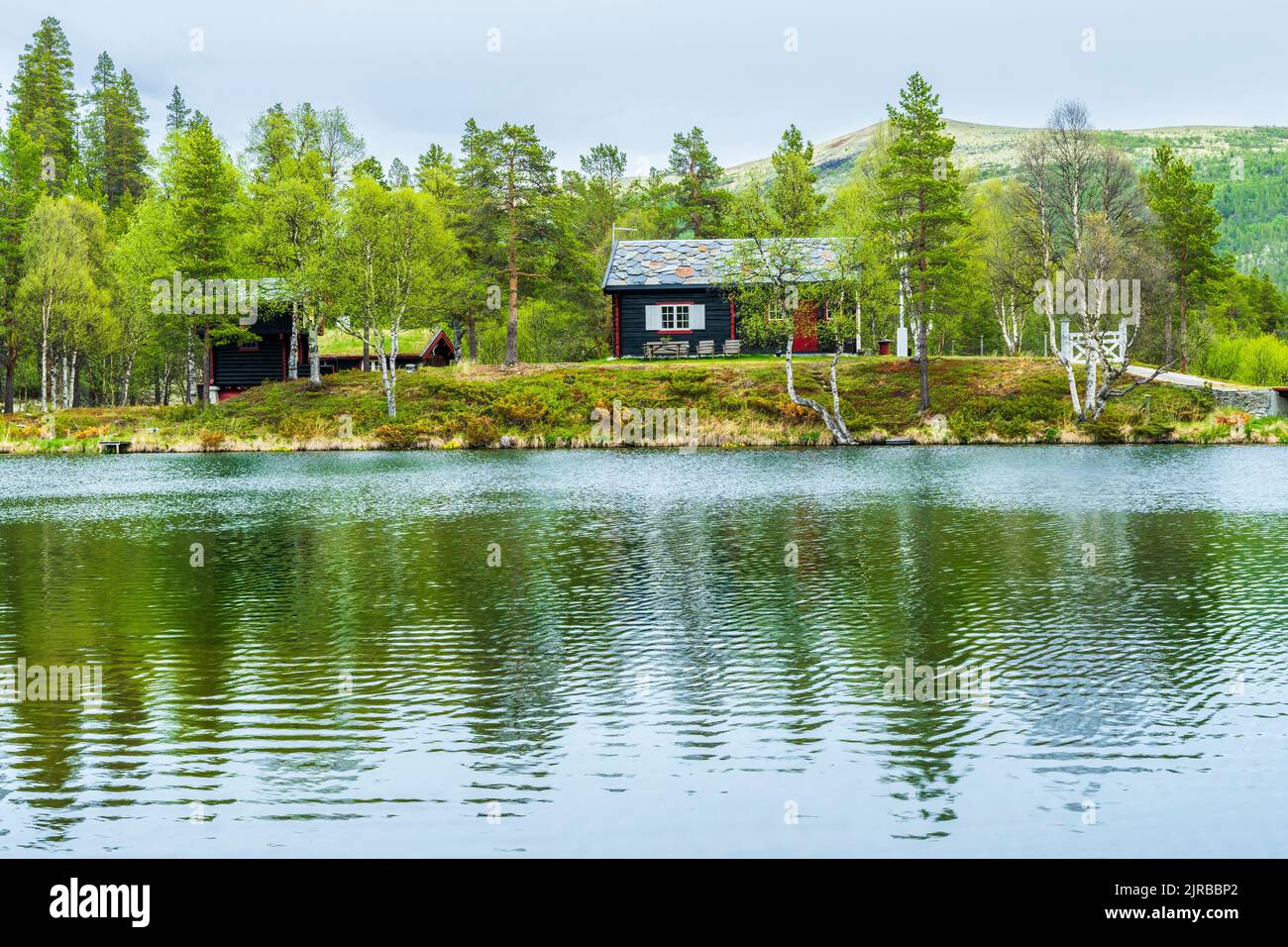 Norway, Innlandet, Secluded hut on lakeshore in Rondane National Park Stock Photo