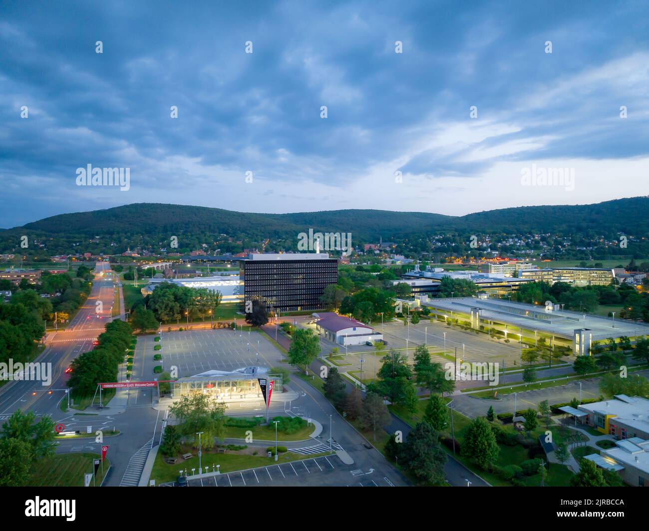 Late afternoon, early evening aerial image of Corning NY looking