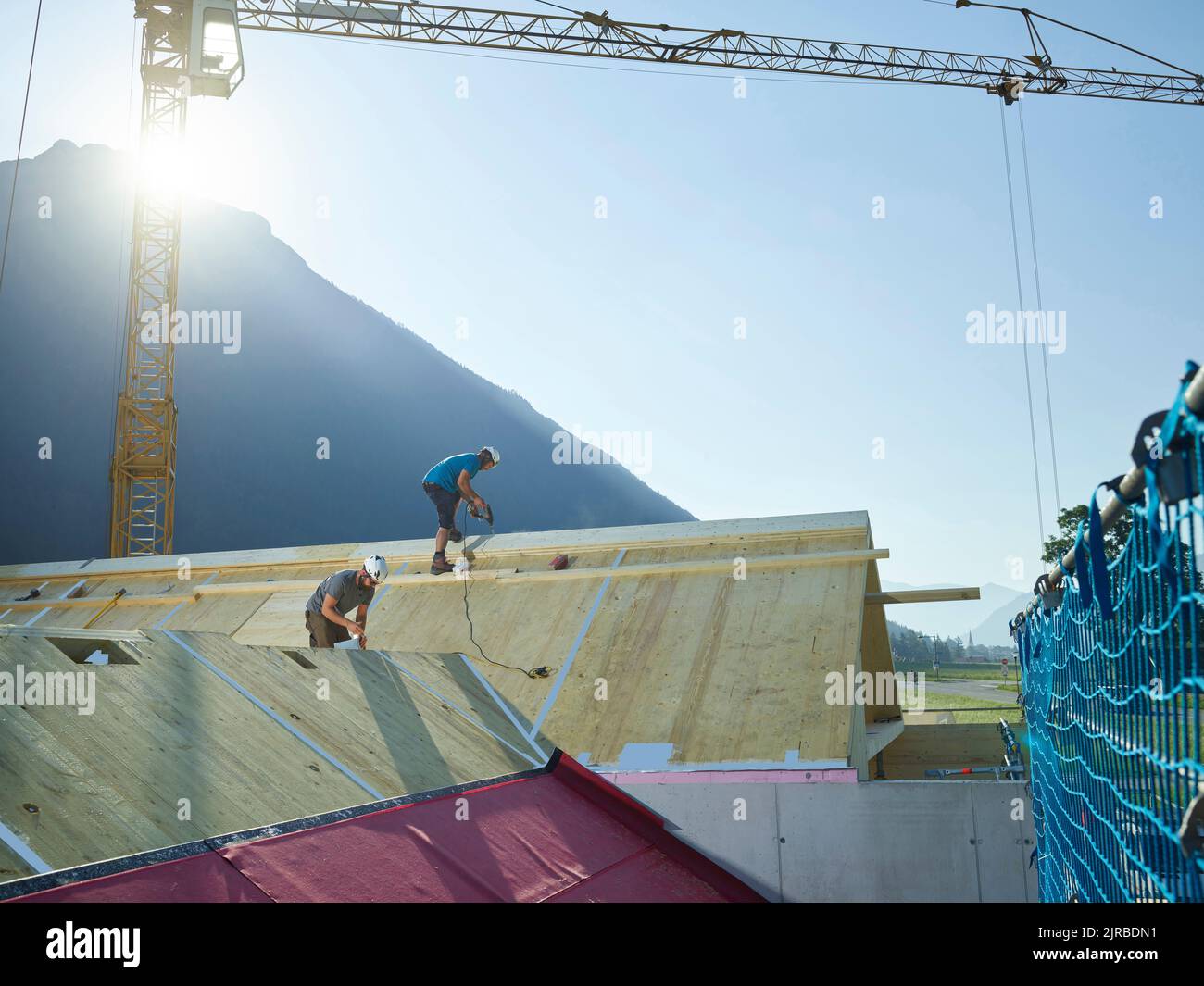 Coworkers installing wooden roof on sunny day Stock Photo