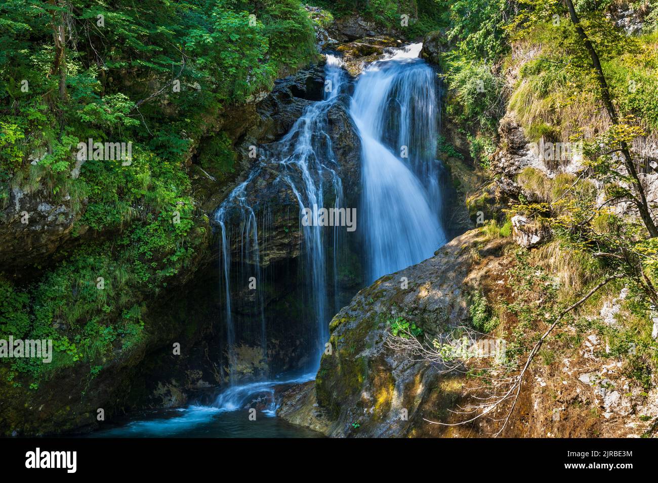 Slovenia, Long exposure of waterfall on Radovna river flowing through Vintgar Gorge Stock Photo