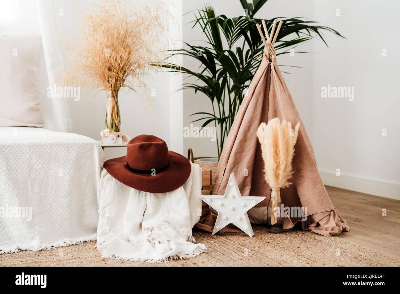 Boho decoration in living room at home Stock Photo