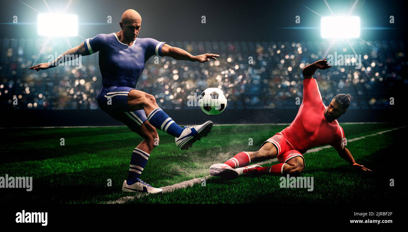 Soccer or European football. Football soccer players slide tackle for possession of the ball. 3D