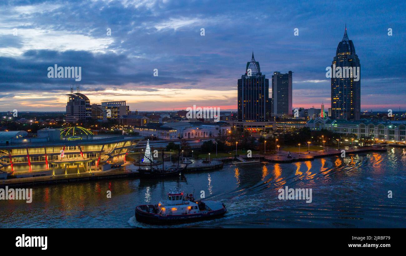 the-downtown-mobile-alabama-waterfront-skyline-at-sunset-stock-photo