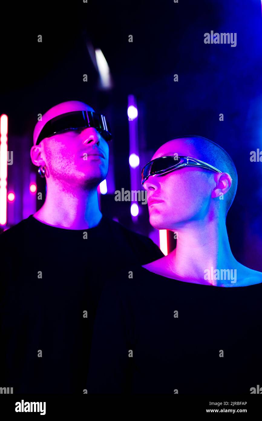 Hipster couple wearing futuristic glasses Stock Photo