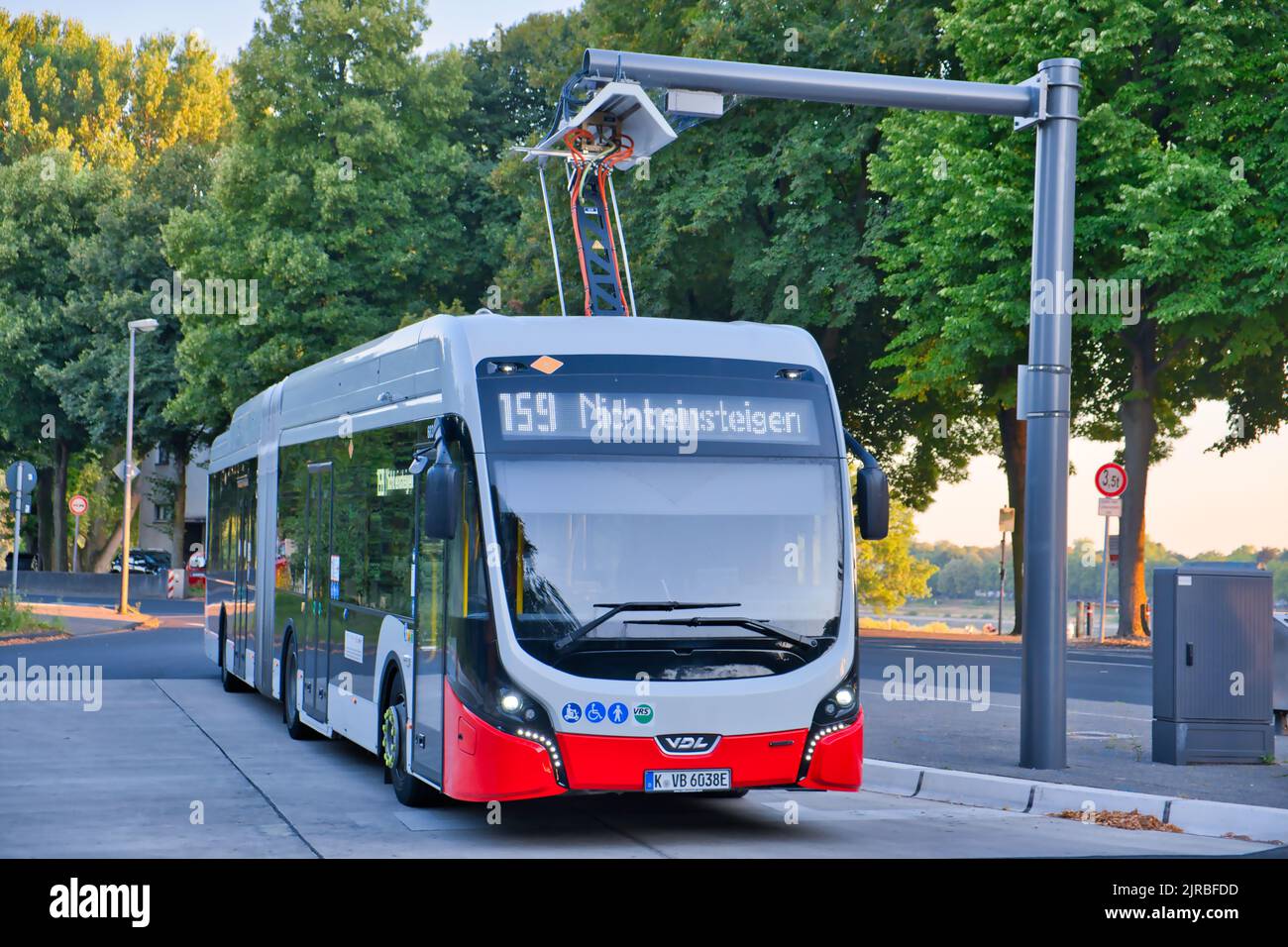 Electric bus charging, connected to a contact system on the roof for