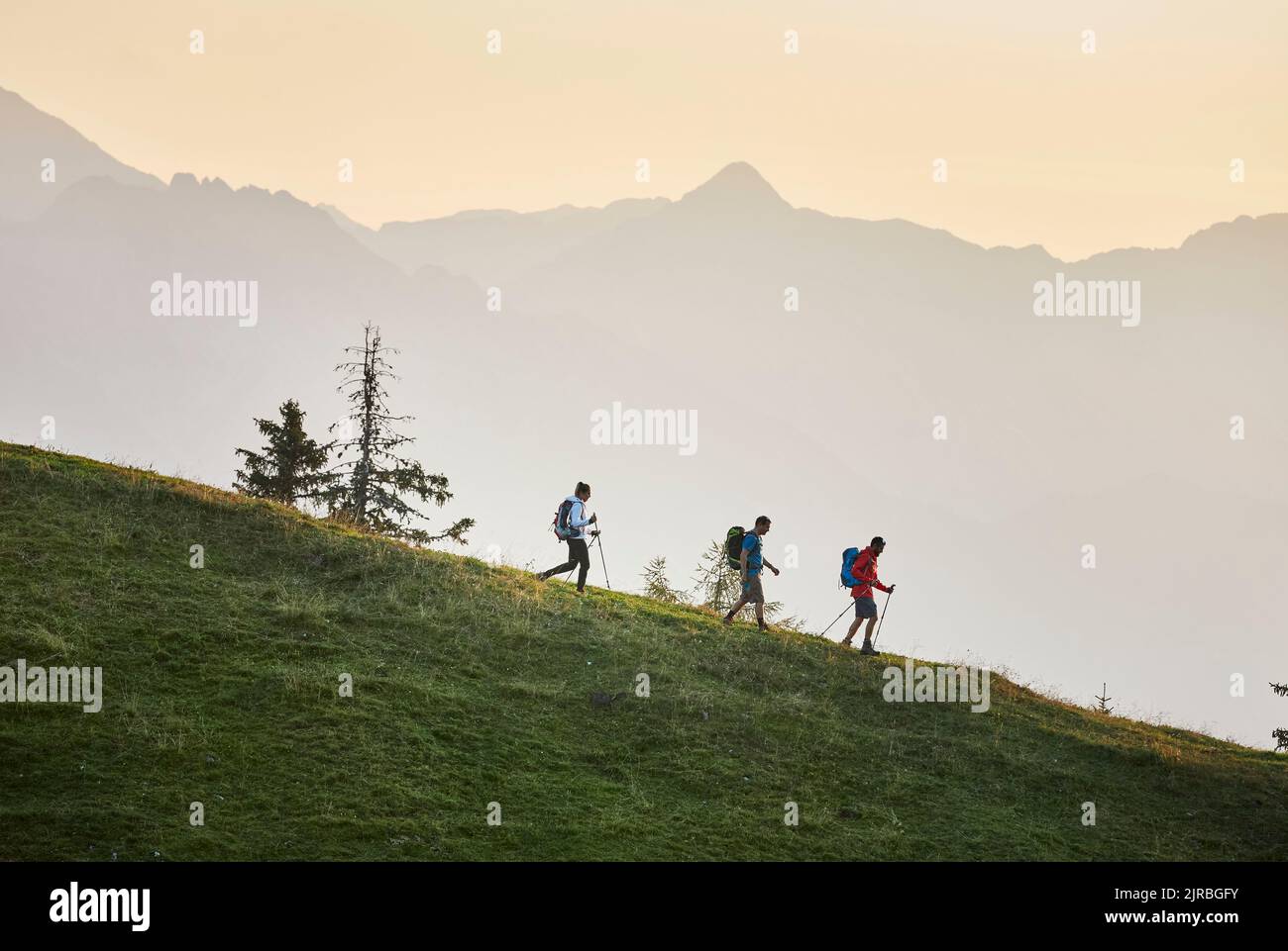 Hikers with hiking poles descending mountain, Mutters, Tyrol, Austria Stock Photo