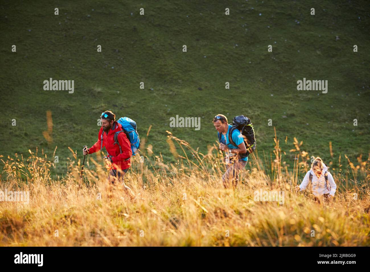 Hikers with backpacks on mountain, Mutters, Tyrol, Austria Stock Photo