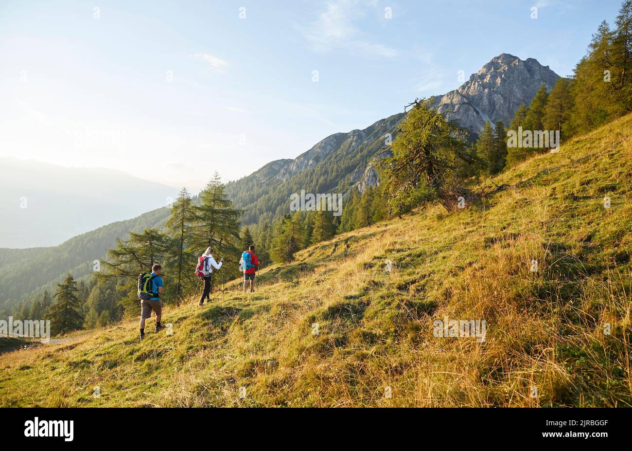 Backpackers climbing mountain on sunny day, Mutters, Tyrol, Austria Stock Photo