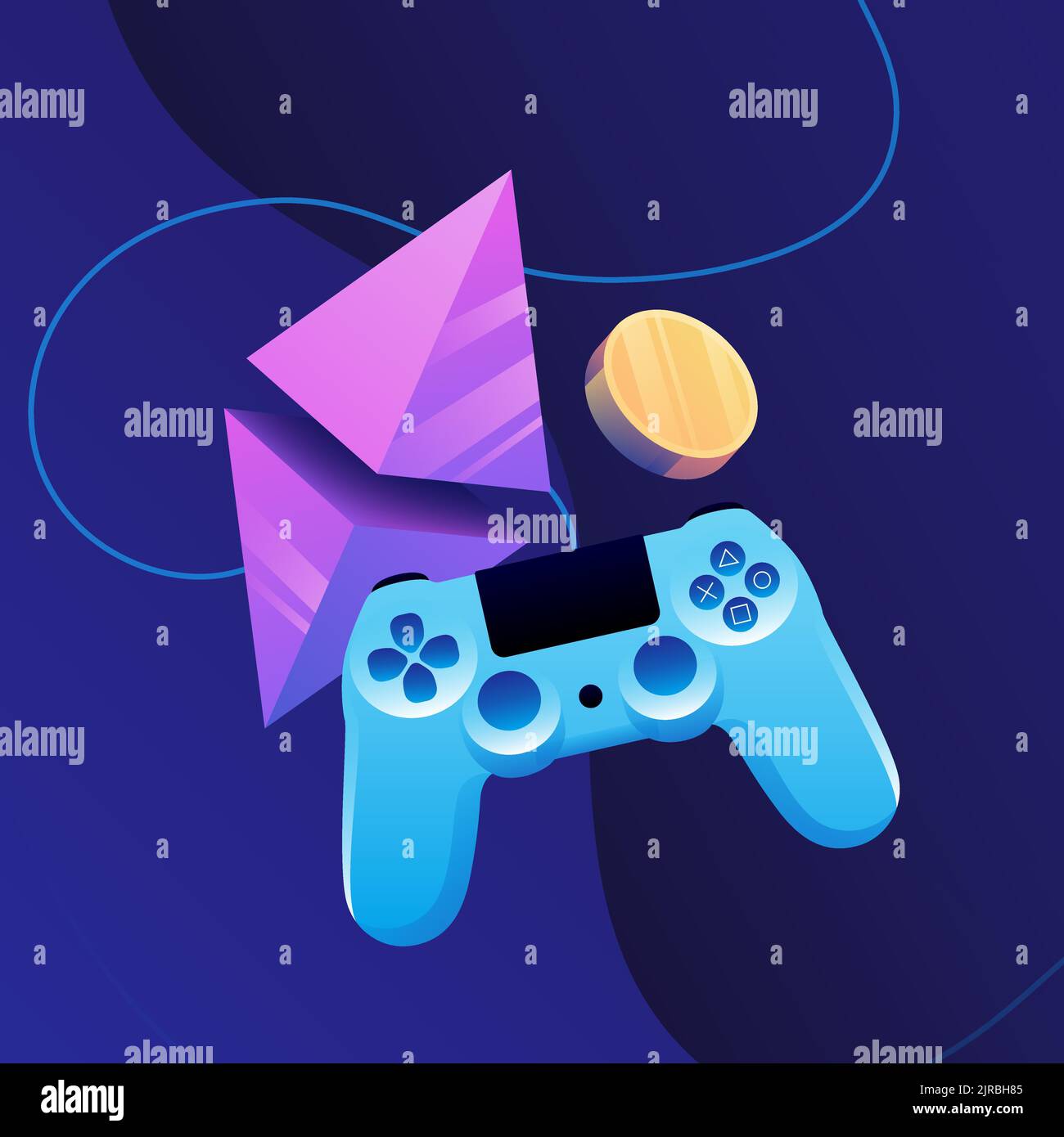 Play to Earn Illustration. Joystick, Rhombus and Cryptocurrency Coins