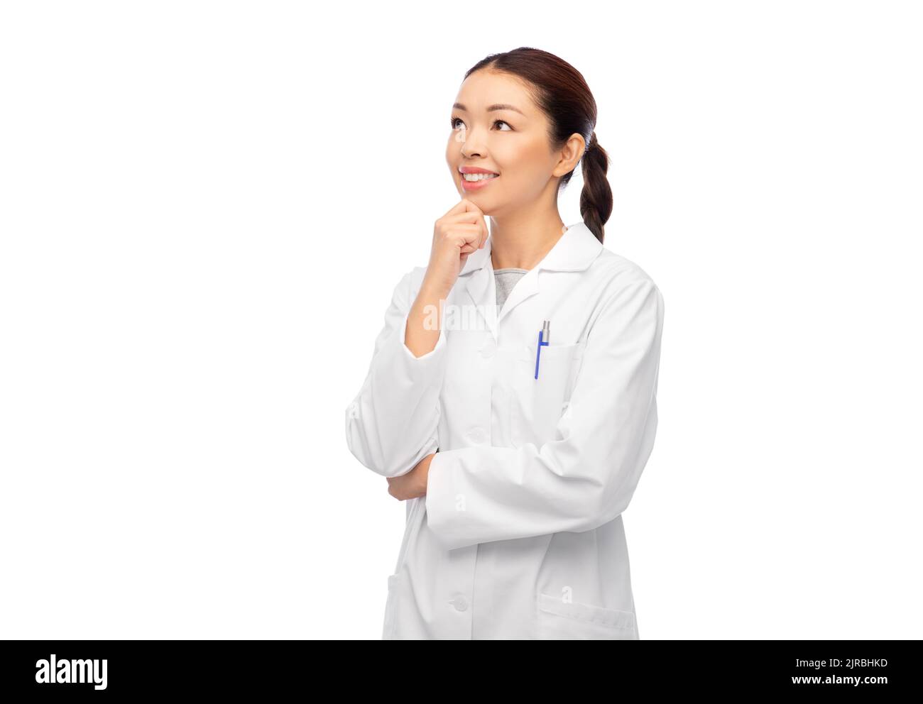 thinking asian female doctor in white coat Stock Photo