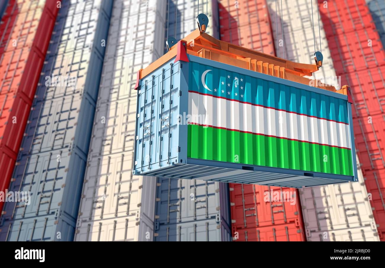 Container Terminal. Cargo container with Uzbekistan national flag. 3D ...