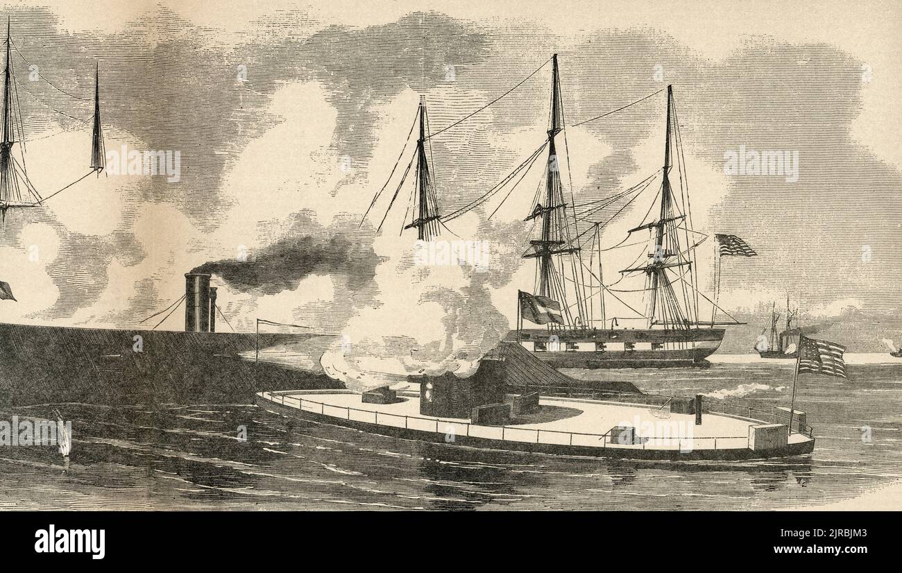 The USS Monitor driving off the CSS Merrimac during the American Civil War, 1862 Stock Photo