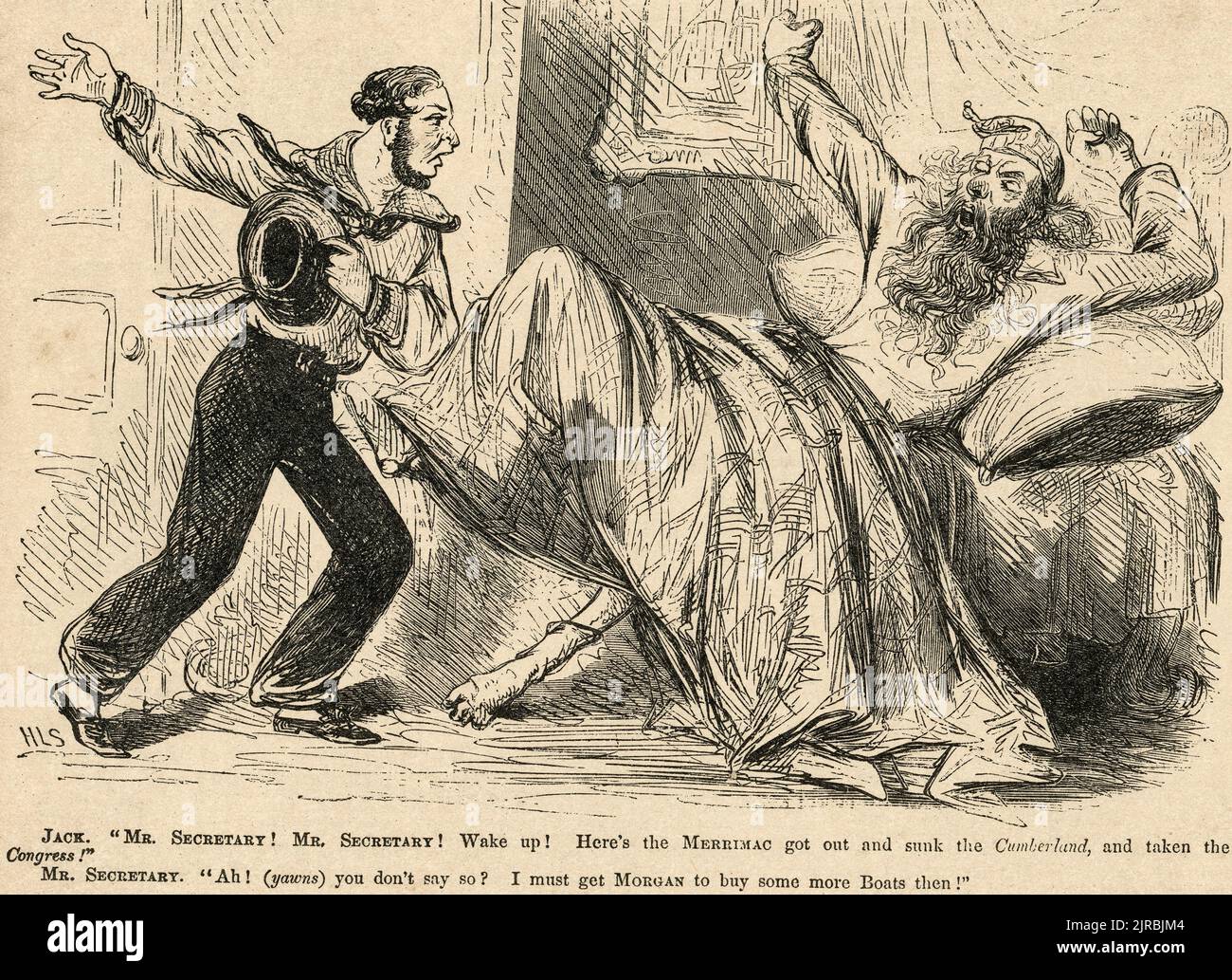 Political Cartoon from 1862 - When the Secretary of War Edwin M. Stanton is informed the Confederate Ironclad Merimac has got out and sunk the Cumberland and captured the Congress, he responds by saying he must get Morgan to buy more boats then Stock Photo