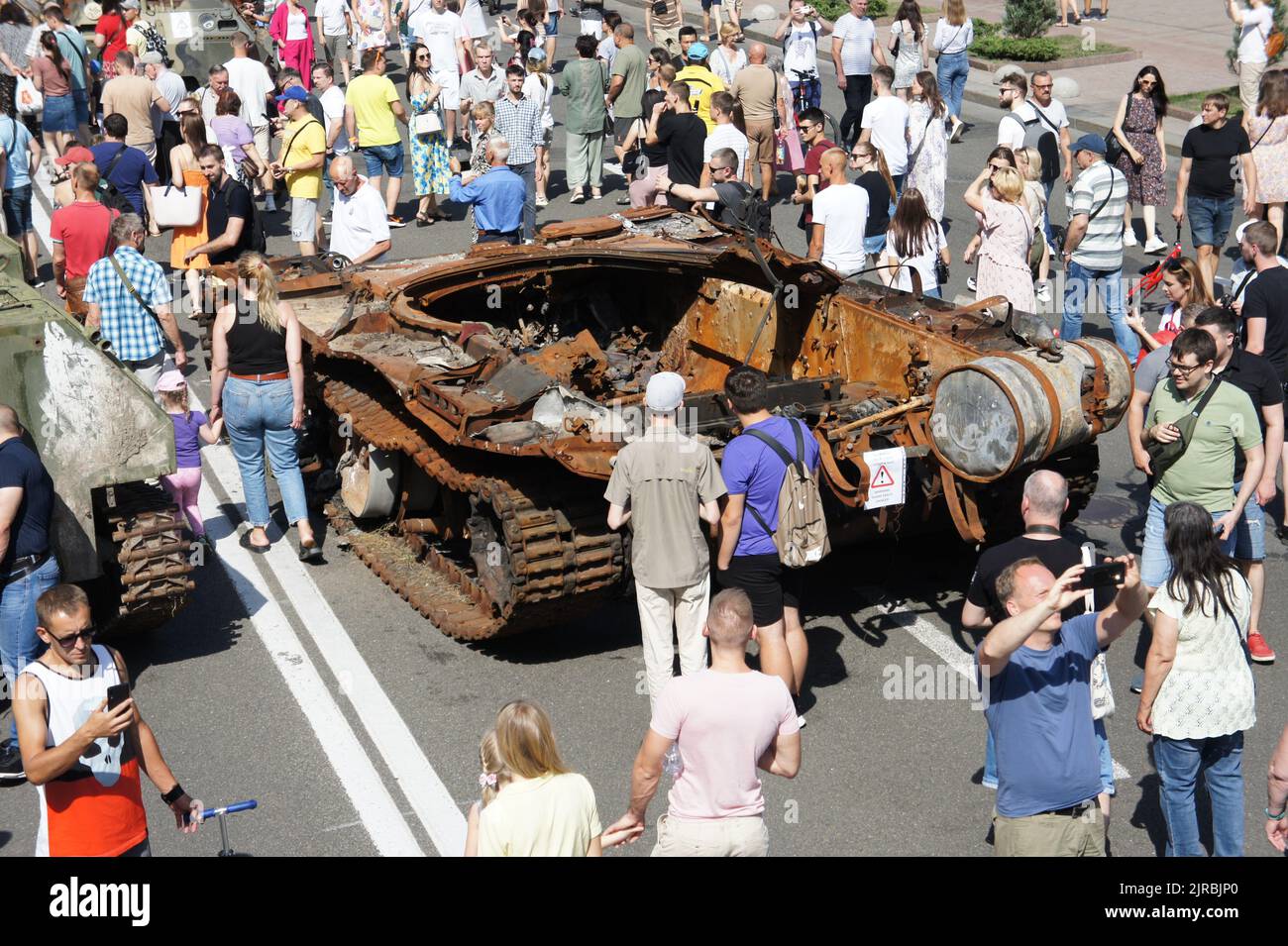 Kyiv, Kyiv Ukraine, August 21 2022: Russian military equipment destroyed. Display for Independence Day parade on Khreshchatyk street Stock Photo