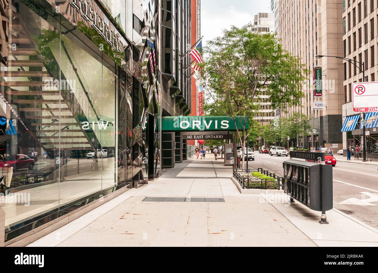 Chicago, Illinois, USA - August 16, 2014: Ontario street with the Orvis Retail Store sign in Chicago downtown. Stock Photo