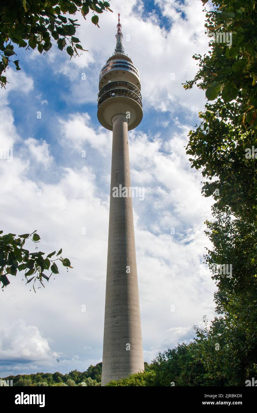Olympic Tower (Olympiaturm) in the Olympic Park, Munich built originally for the 1972 Olympics. The tower serves as a broadcasting tower Stock Photo