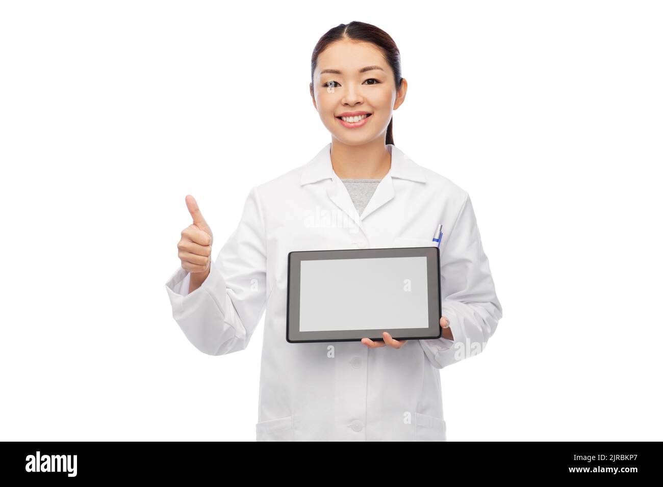 asian female doctor with tablet pc shows thumbs up Stock Photo - Alamy