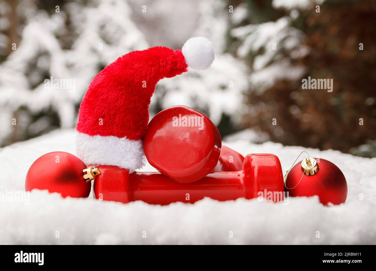 Red dumbbells, Santa Claus hat, Christmas baubles ornaments on white snow. Gym fitness holiday season concept. Winter workout, cold weather exercising. Stock Photo
