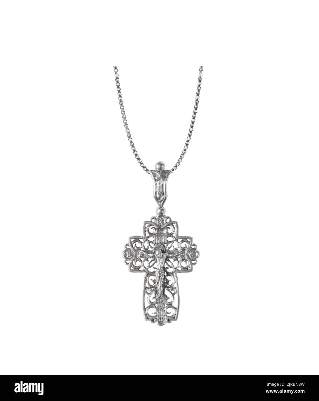 Silver crucifix necklace cross isolated on white background Stock Photo