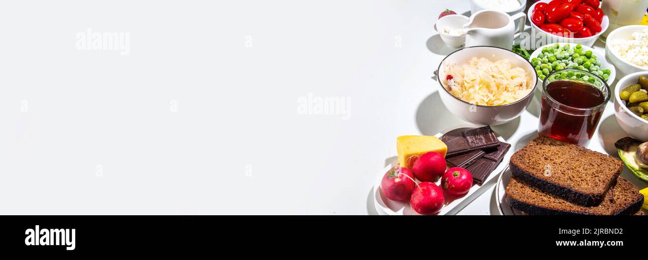 Postbiotic, prebiotic and probiotic food with medicine capsules. Set