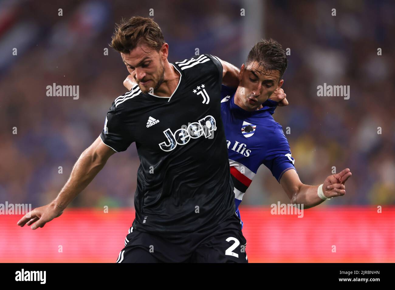 Genoa, Italy. 22nd Aug, 2022. Daniele Rugani of Juventus tussles with Filip Djuricic of UC Sampdoria during the Serie A match at Luigi Ferraris, Genoa. Picture credit should read: Jonathan Moscrop/Sportimage Credit: Sportimage/Alamy Live News Stock Photo