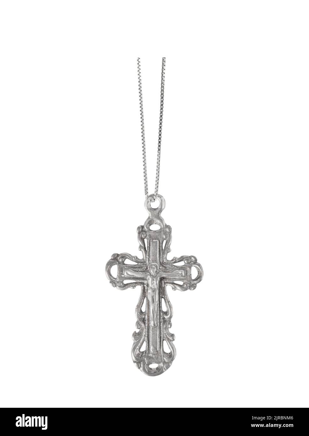 Silver crucifix necklace cross isolated on white background Stock Photo