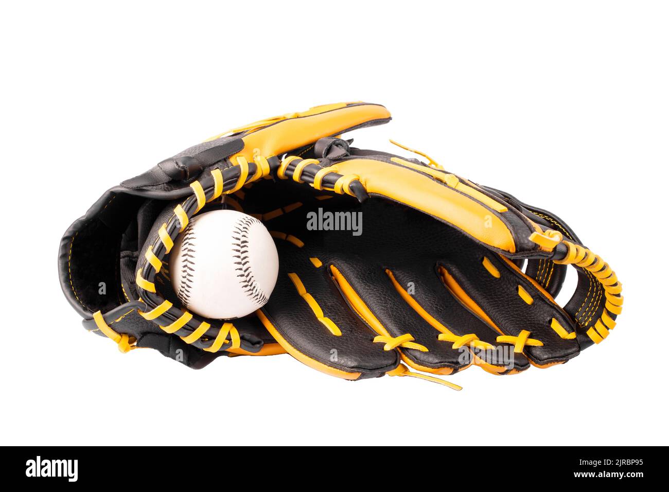 Baseball black and yellow gloves with ball isolated on white background