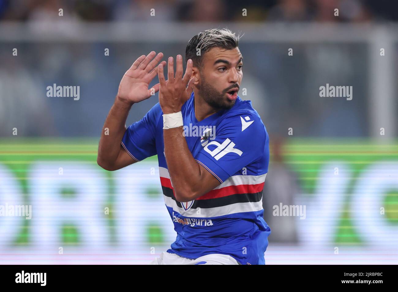 Genoa, Italy. 22nd Aug, 2022. Mehdi Leris of UC Sampdoria reacts during the Serie A match at Luigi Ferraris, Genoa. Picture credit should read: Jonathan Moscrop/Sportimage Credit: Sportimage/Alamy Live News Stock Photo
