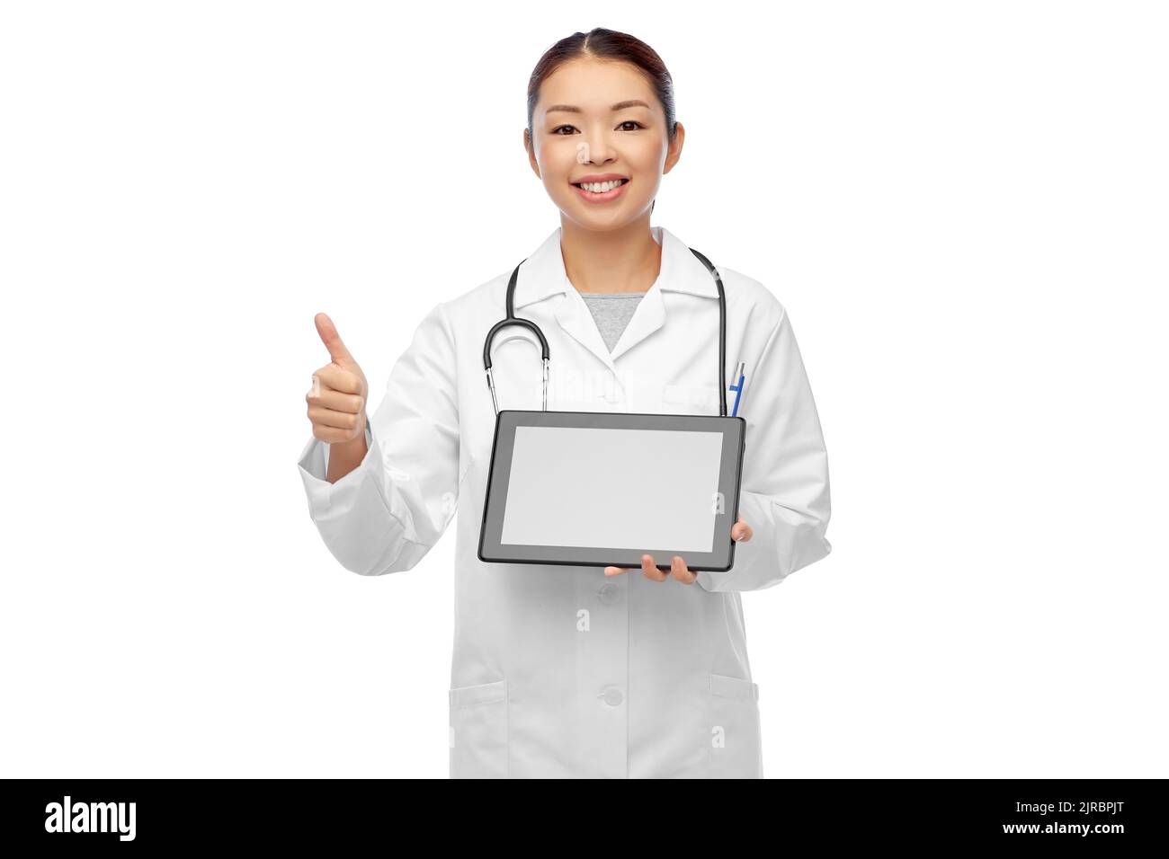 asian female doctor with tablet pc shows thumbs up Stock Photo - Alamy