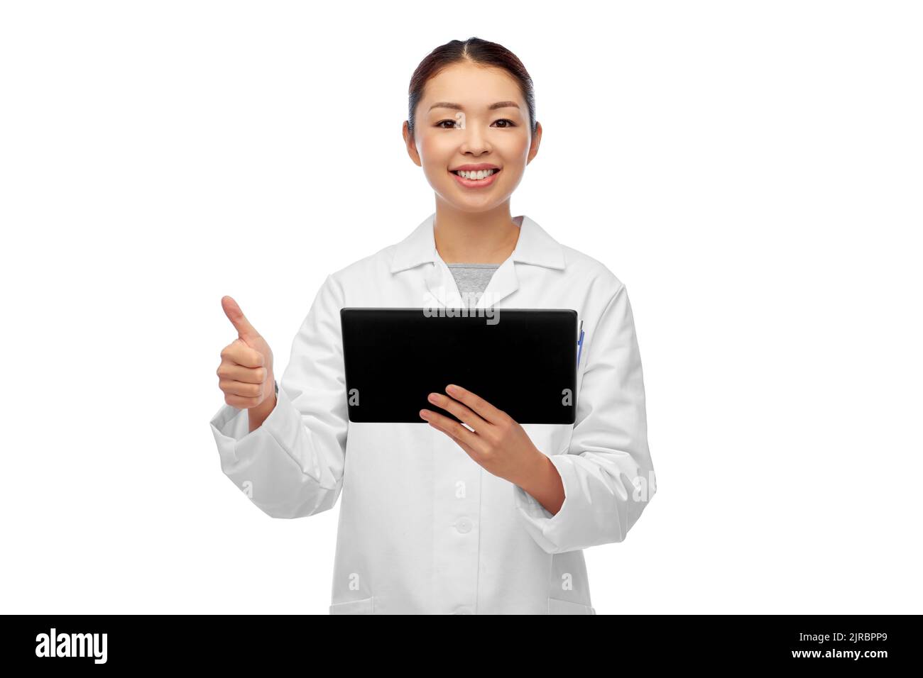 asian female doctor with tablet pc shows thumbs up Stock Photo - Alamy