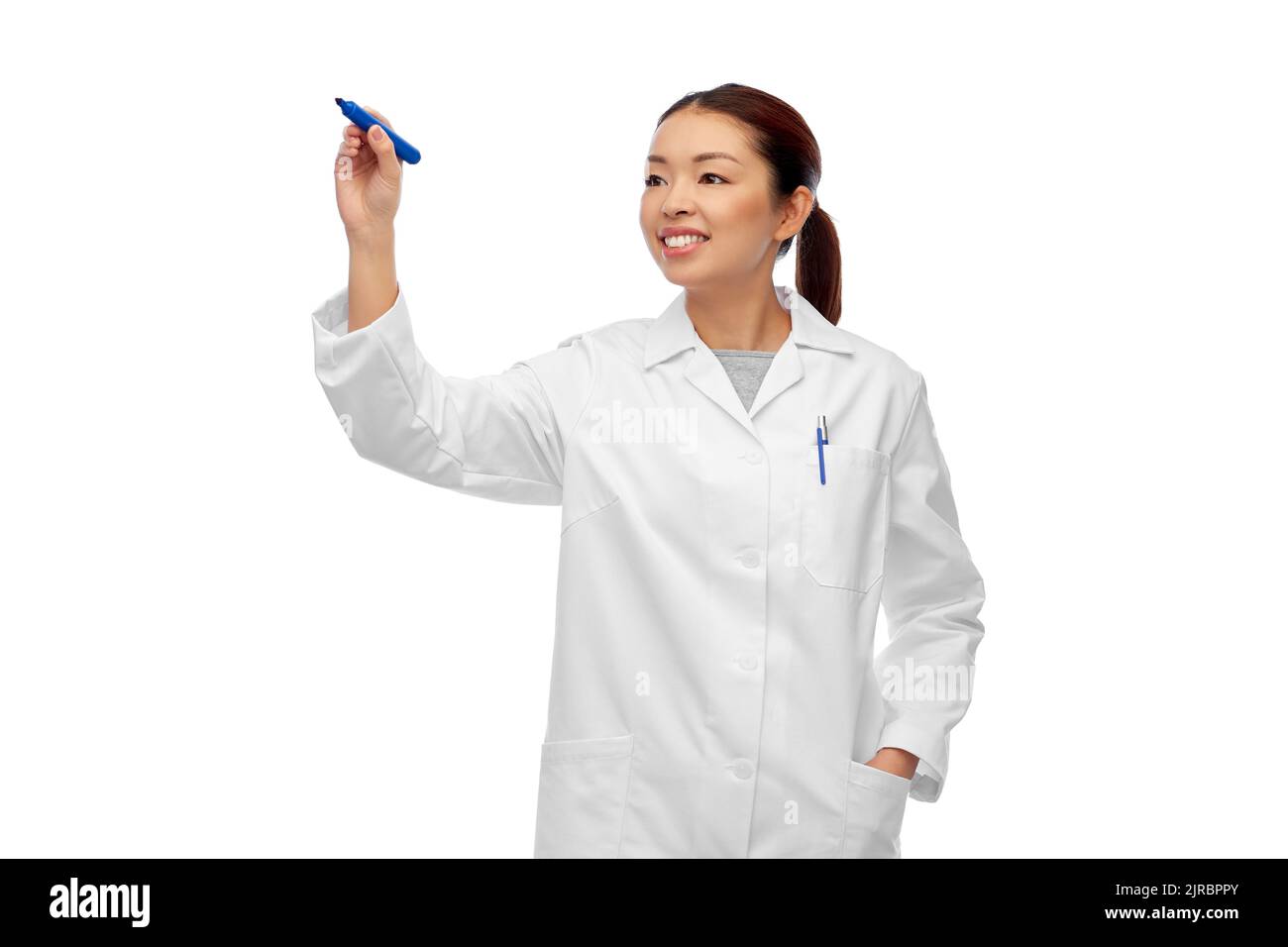 happy asian female doctor writing with blue marker Stock Photo