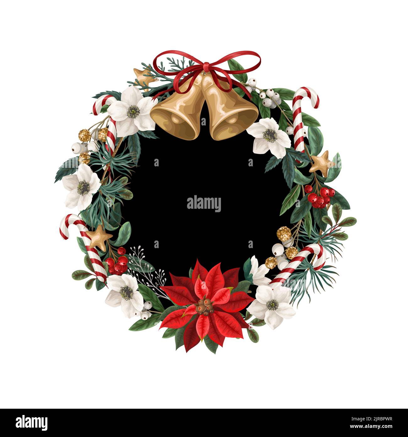 Christmas wreath with botanical plants, flowers and bells isolated ...