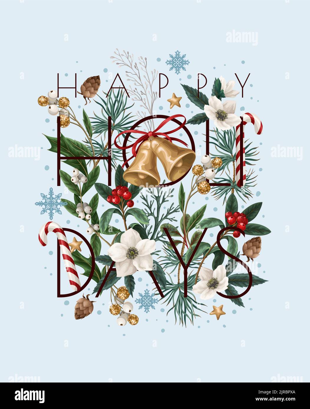 Christmas card with botanical plants, flowers and bells isolated Stock ...