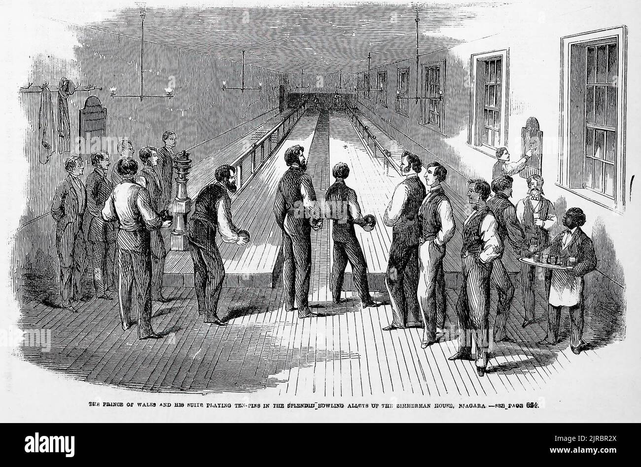 The Prince of Wales and his suite playing ten-pins in the splendid bowling alley of the Zimmerman House, Niagara. 1860 visit of the Prince of Wales, Edward Albert, to America. 19th century illustration from Frank Leslie's Illustrated Newspaper Stock Photo
