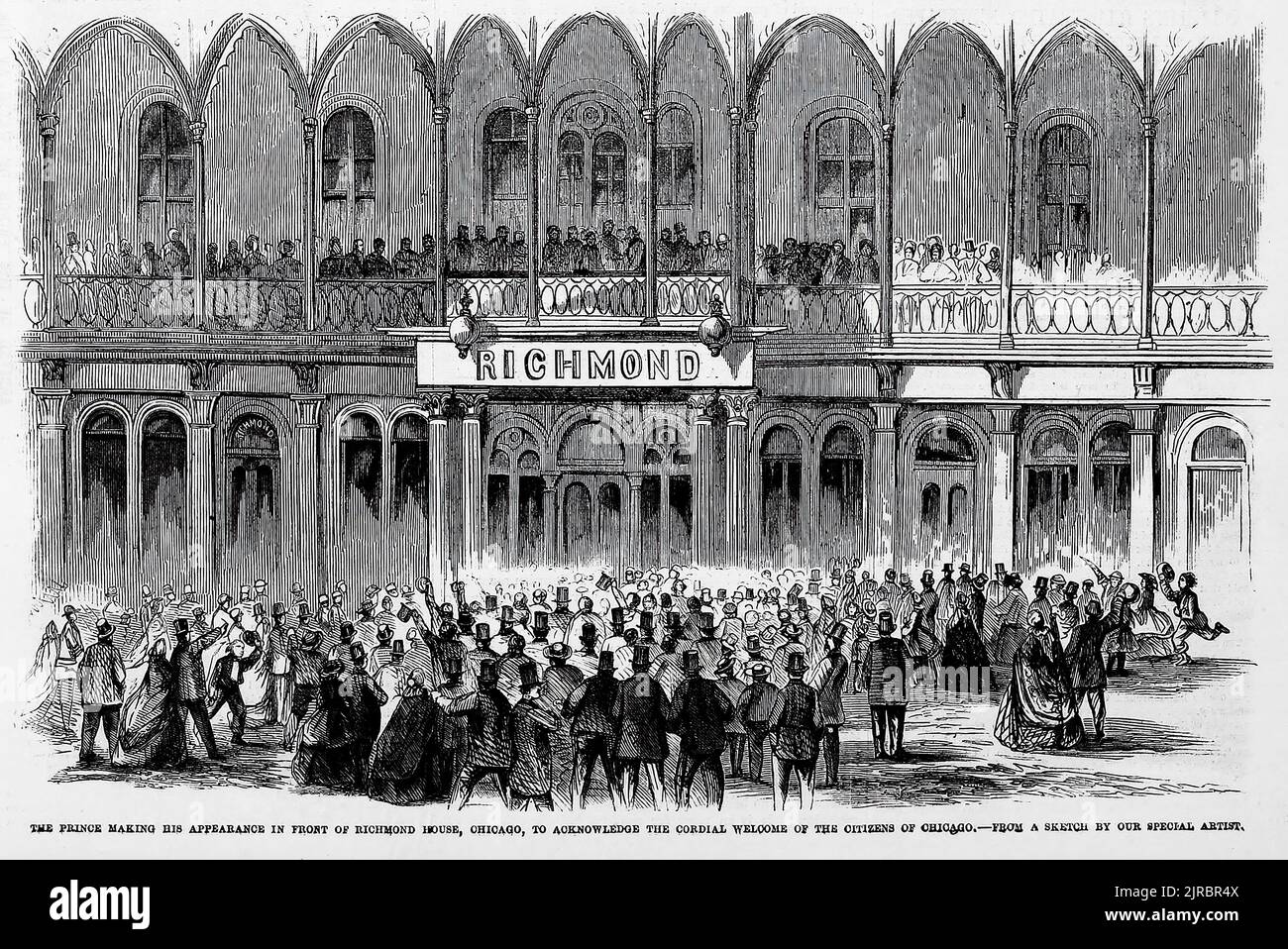 The Prince making his appearance in front of Richmond House, Chicago, Illinois, to acknowledge the cordial welcome of the citizens of Chicago. 1860 visit of the Prince of Wales, Edward Albert, to America. 19th century illustration from Frank Leslie's Illustrated Newspaper Stock Photo